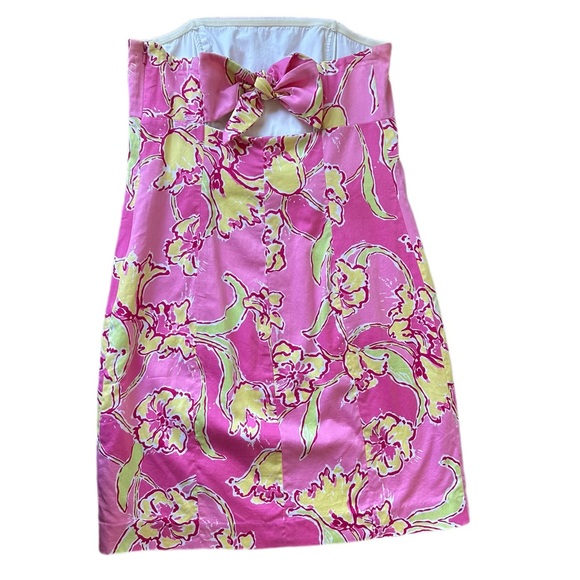 LILY PULITZER | Pink & Yellow Strapless Dress With Bow - Picture 2 of 4